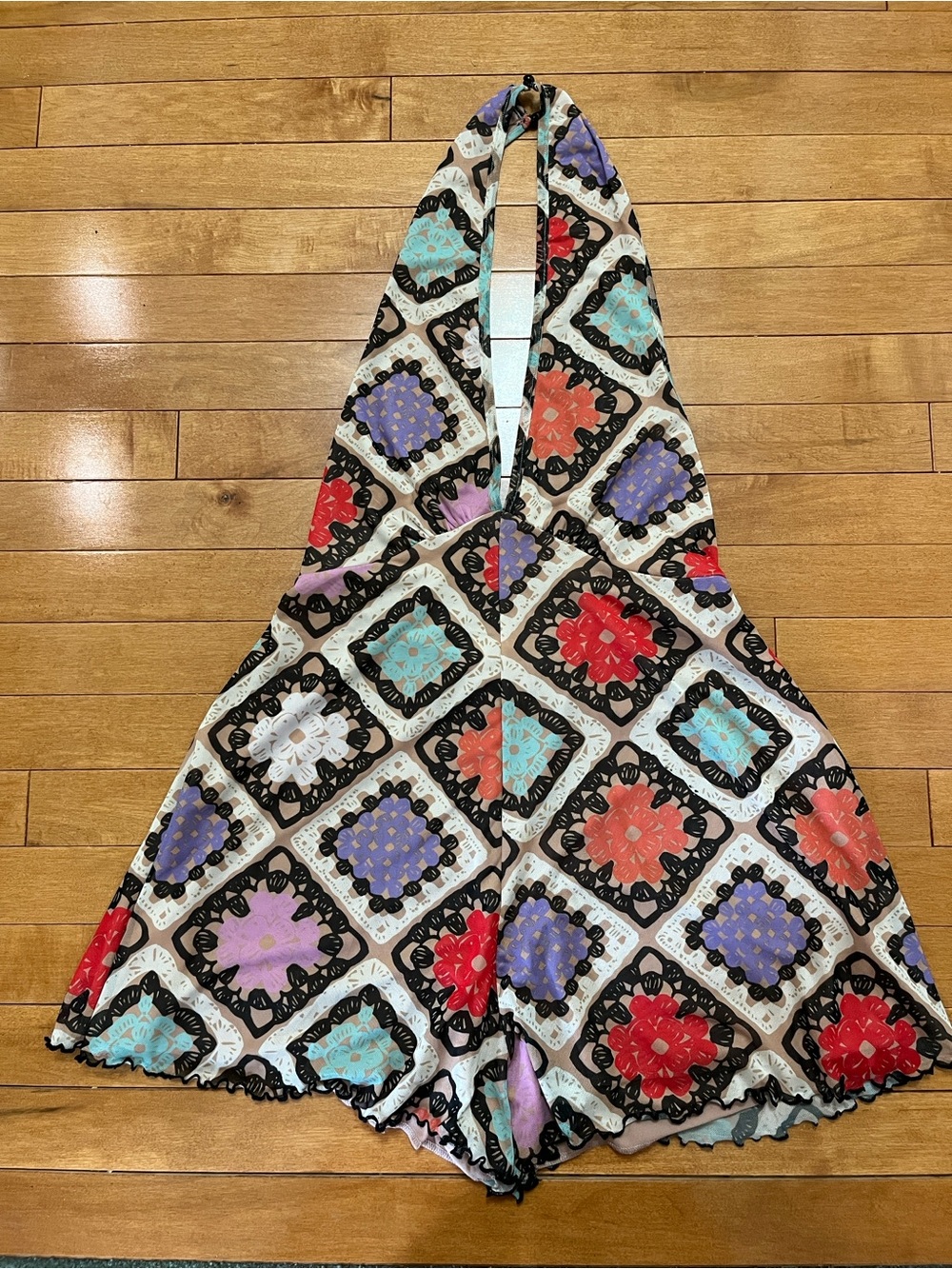 ASOS Design Halter Romper with Colorful Tile Crochet Print - Picture 5 of 9